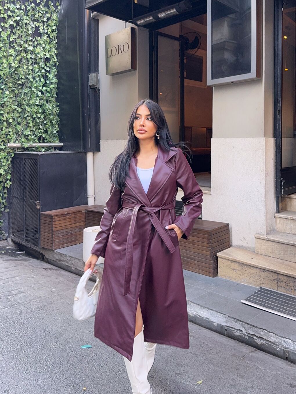 Kuşaklı Uzun Bordo Deri Pardösü-1