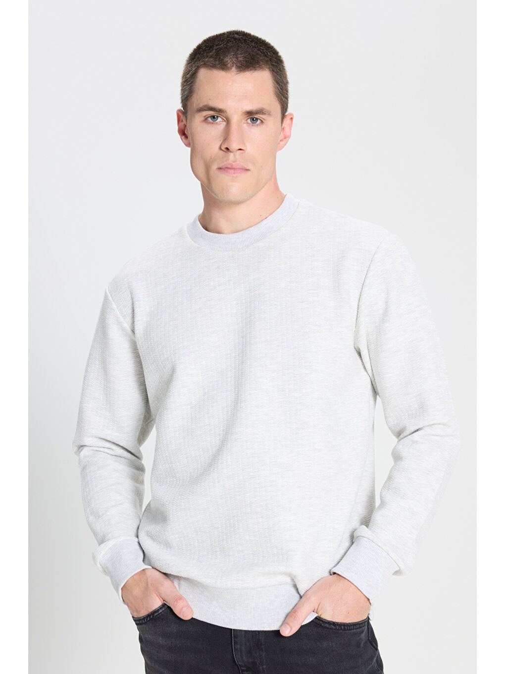 Regular Fit Normal Kesim Bisiklet Yaka Gri Melanj Sweatshirt