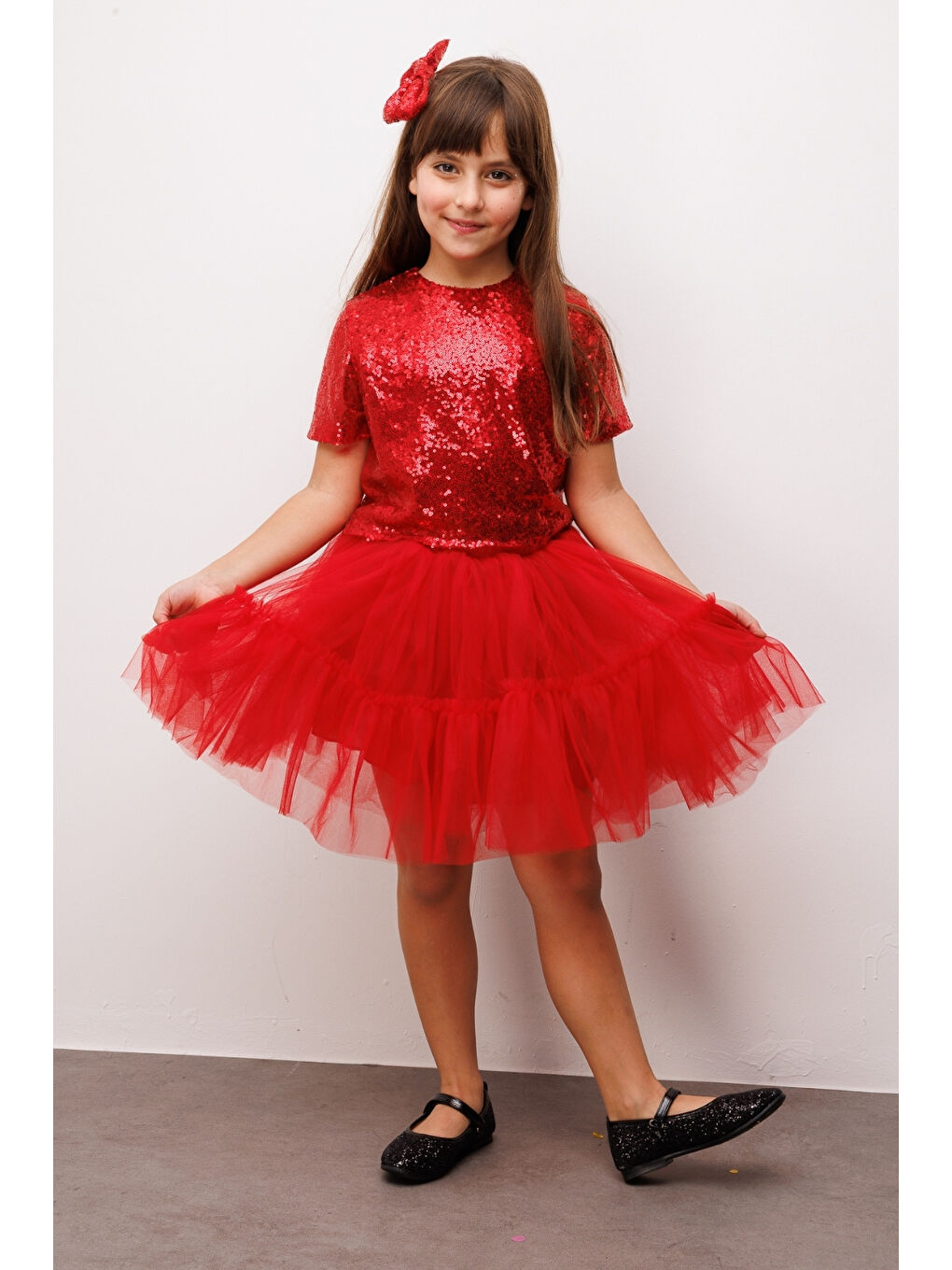 Kırmızı Üzeri Pul Detaylı Tül Etekli İkili Takım - Freya-2