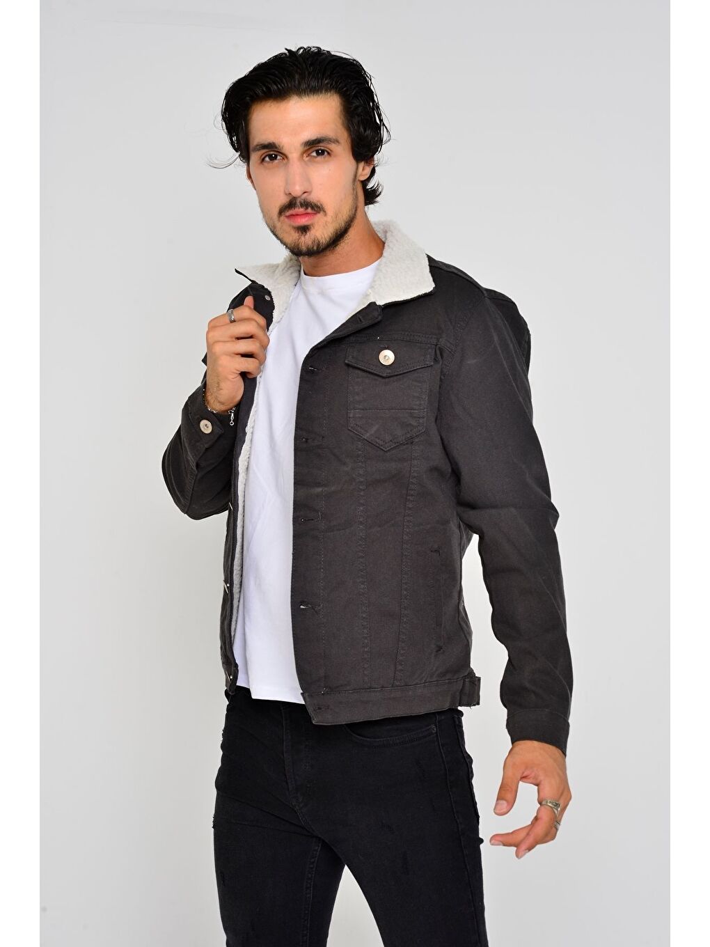 Gri Erkek Trend Kışlık Içi Kürklü Jean Ceket Antrasit-1