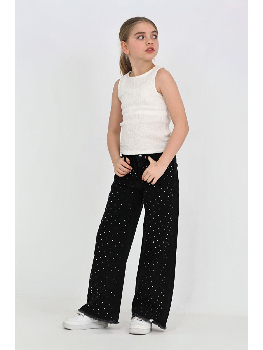 Siyah Kız Çocuk Destroy Paçalı-Geniş Kesim Jean Pantolon 5-15 Yaş 12488-2