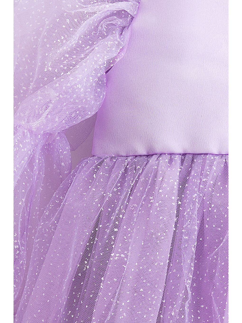 Lila Pearlie Büzgü Kollu Simli Tül Kız Çocuk Elbise-2