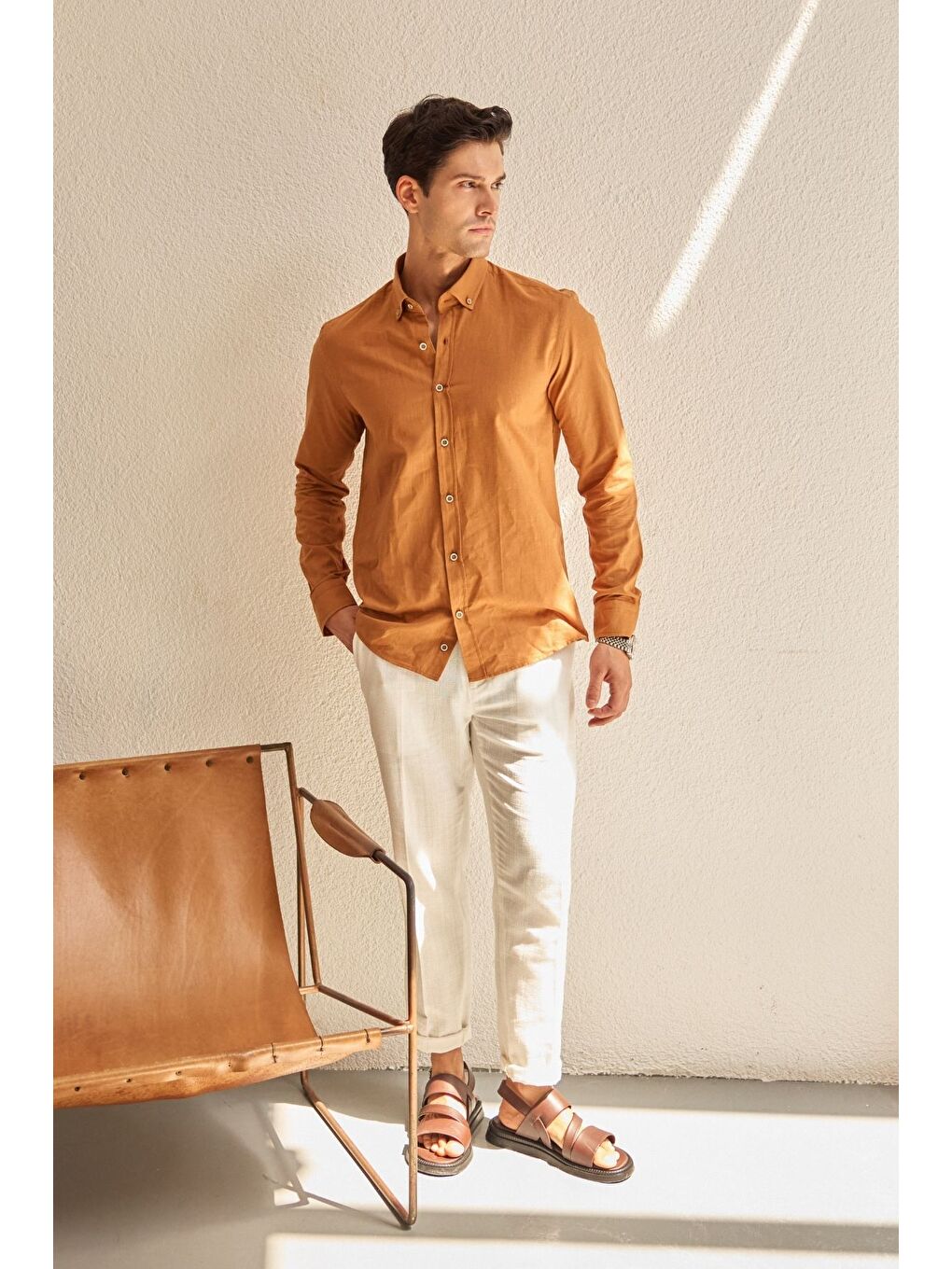 Kahverengi Turi Erkek Pamuk Gömlek Modern Slim Fit Keten Görünümlü Uzun Kol-2