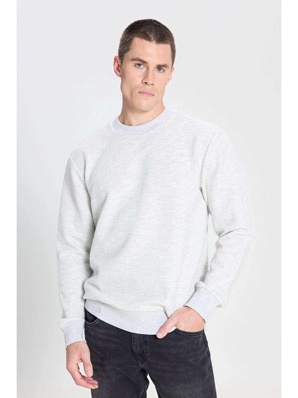 Regular Fit Normal Kesim Bisiklet Yaka Gri Melanj Sweatshirt-1