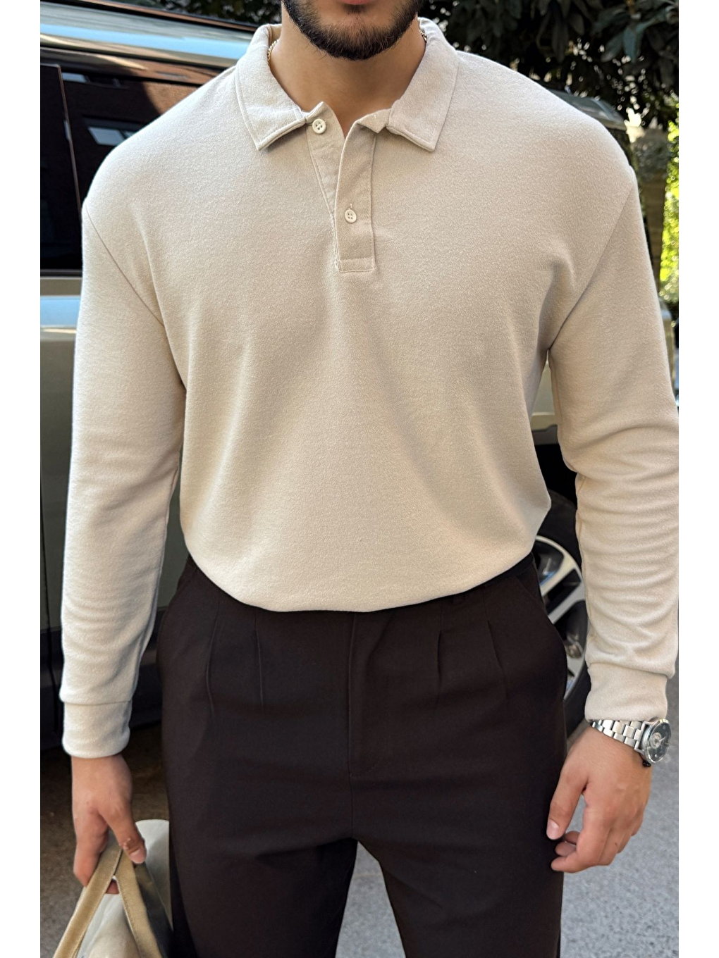 Bej Cali Erkek Regular Fit Polo Yaka Uzun Kollu Sweatshirt Tişört-5