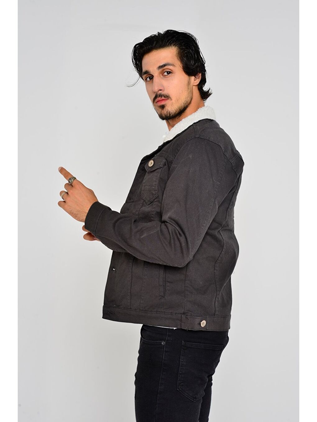Gri Erkek Trend Kışlık Içi Kürklü Jean Ceket Antrasit-2