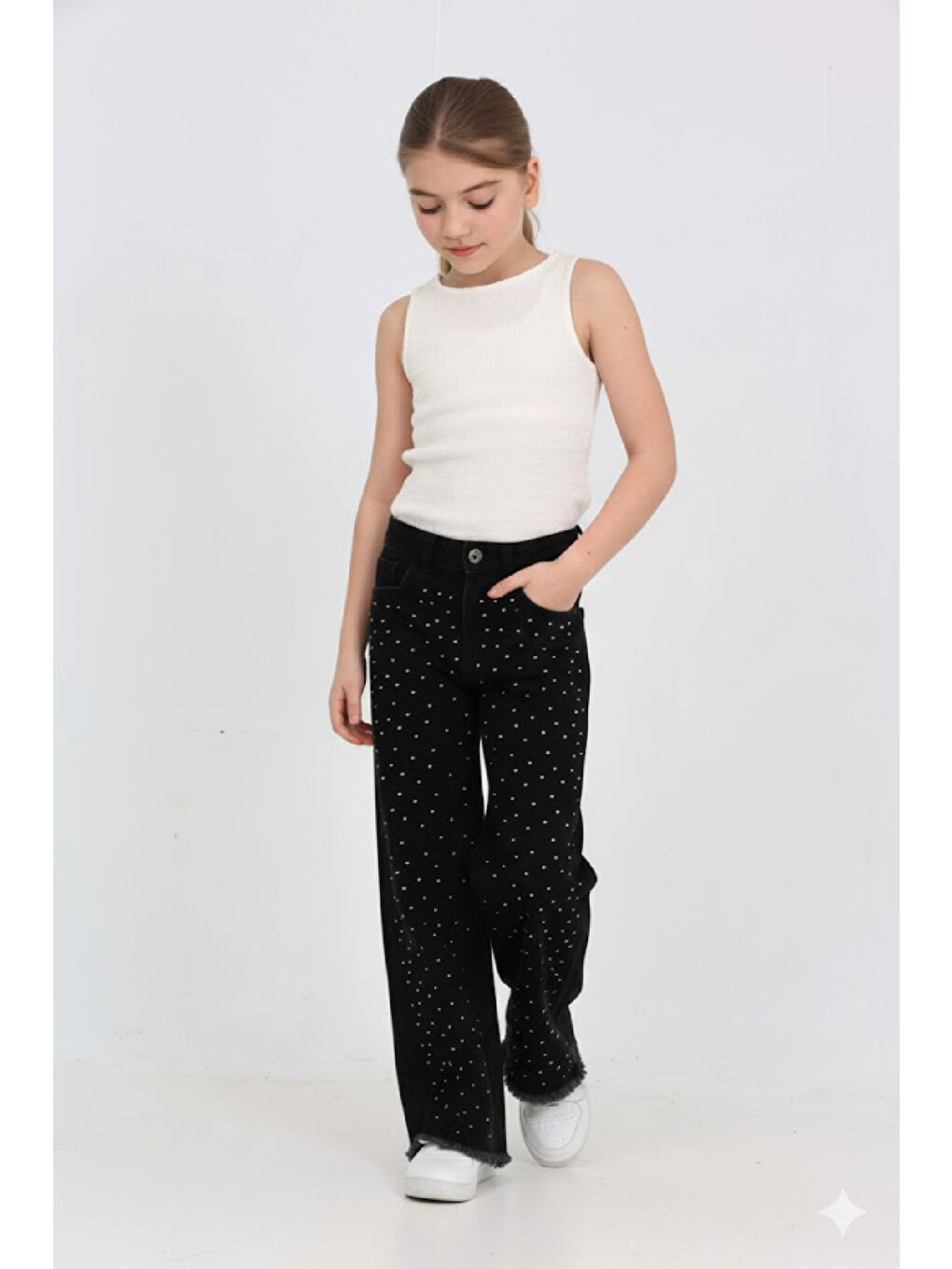 Siyah Kız Çocuk Destroy Paçalı-Geniş Kesim Jean Pantolon 5-15 Yaş 12488-3