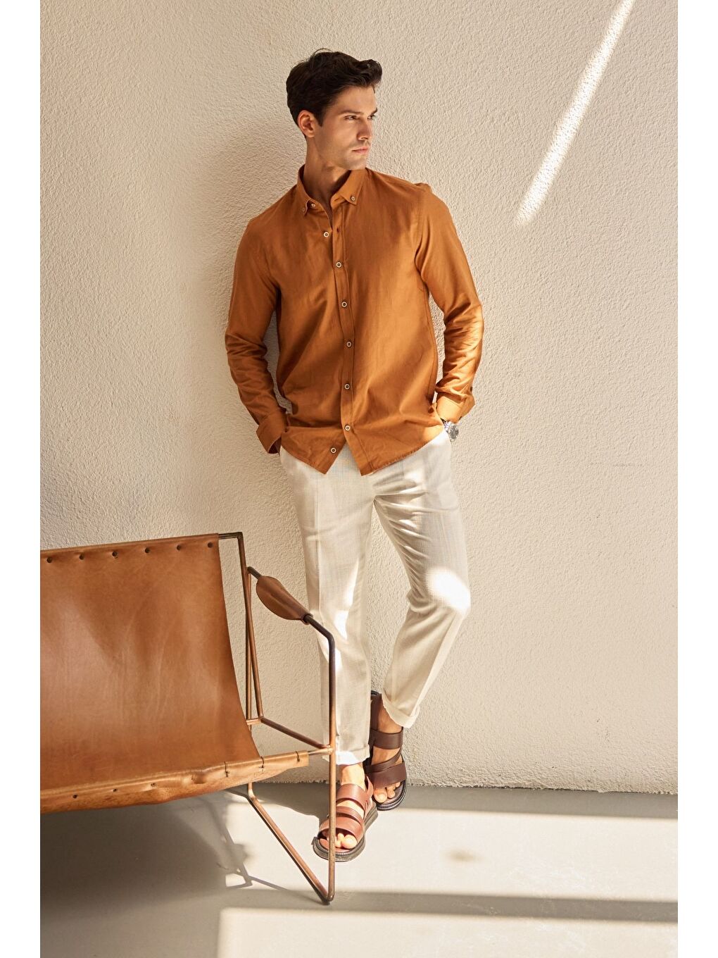 Kahverengi Turi Erkek Pamuk Gömlek Modern Slim Fit Keten Görünümlü Uzun Kol-3