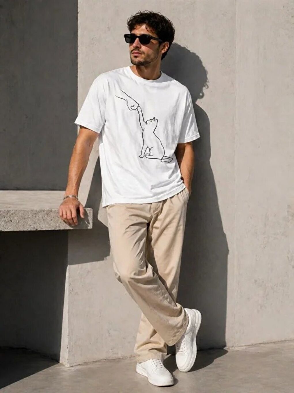 Erkek Minimal Kedi Çizim Baskılı Tişört Kısa Kol Yazlık T-Shirt - Beyaz-1
