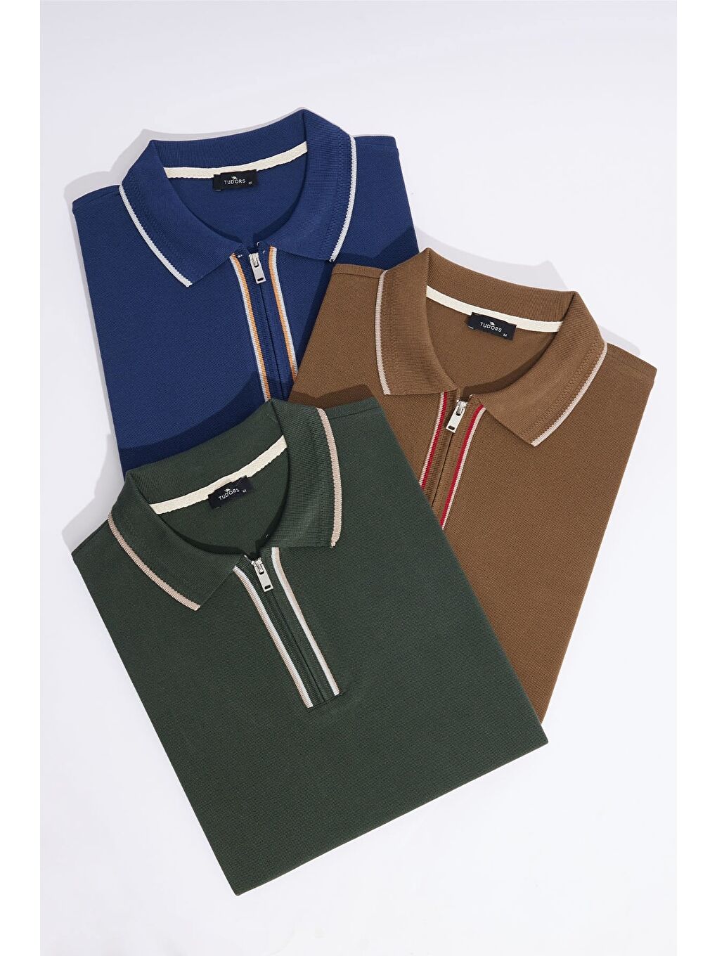 Karışık Erkek 3'Lü Paket Kahverengi-Lacivert-Yeşil Slim Fit %100 Pamuk Yarım Fermuarlı Polo Yaka Tişört