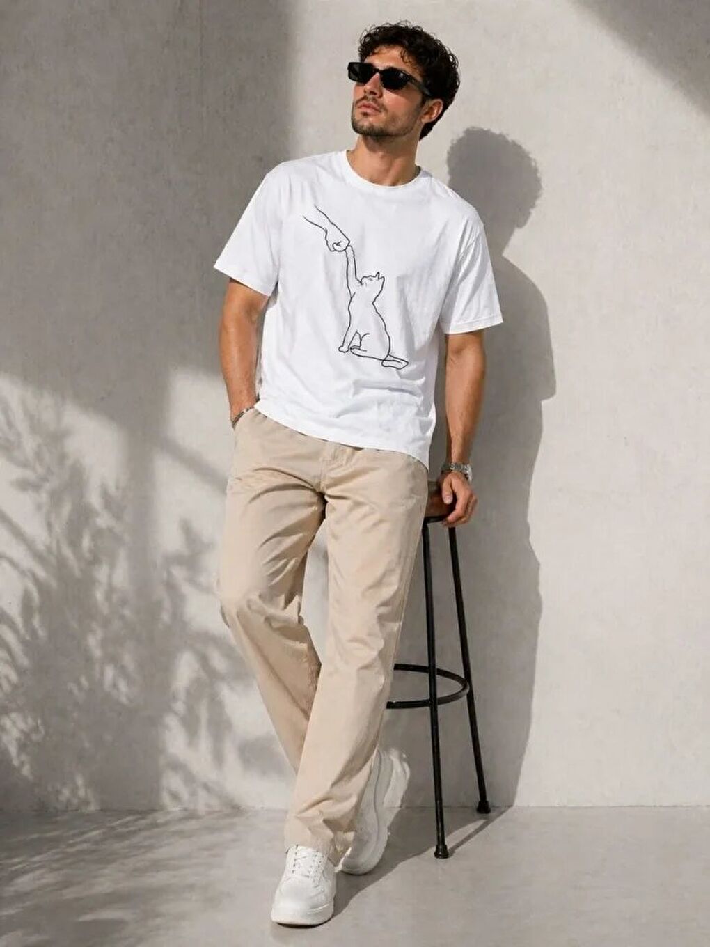 Erkek Minimal Kedi Çizim Baskılı Tişört Kısa Kol Yazlık T-Shirt - Beyaz-2