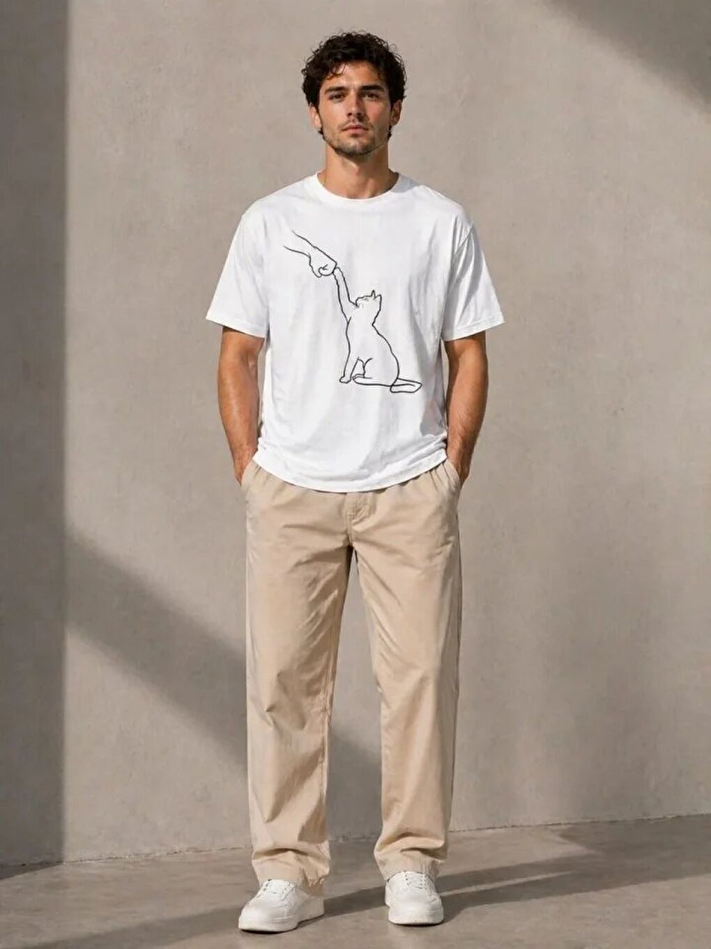 Erkek Minimal Kedi Çizim Baskılı Tişört Kısa Kol Yazlık T-Shirt - Beyaz-3