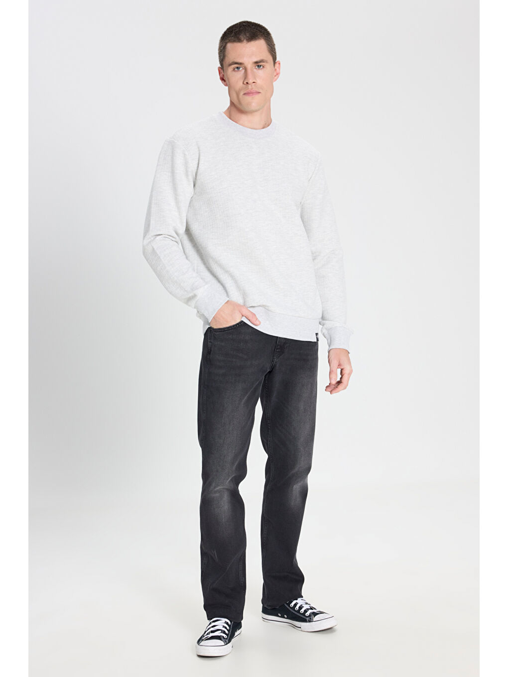 Regular Fit Normal Kesim Bisiklet Yaka Gri Melanj Sweatshirt-2