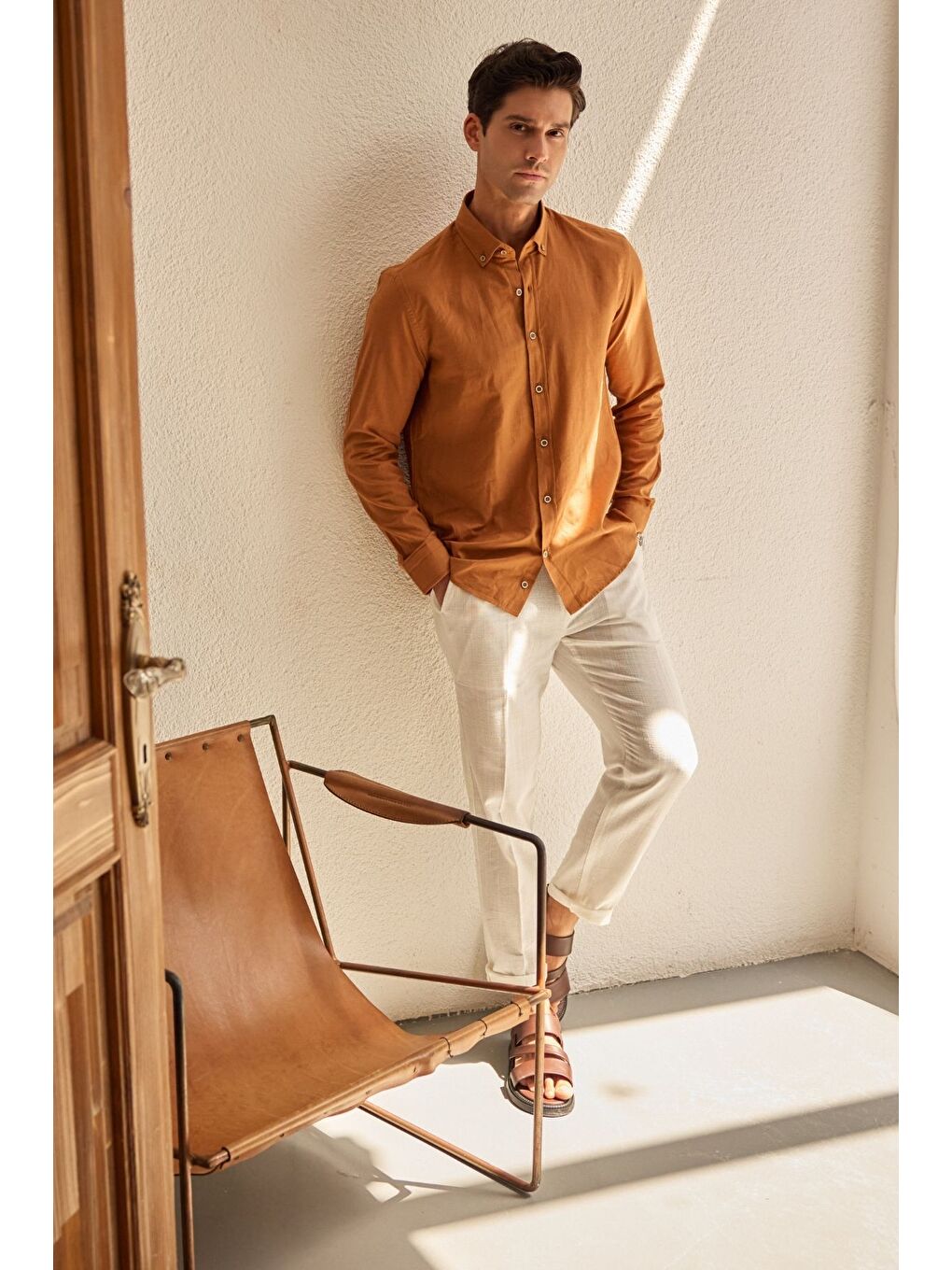 Kahverengi Turi Erkek Pamuk Gömlek Modern Slim Fit Keten Görünümlü Uzun Kol-4