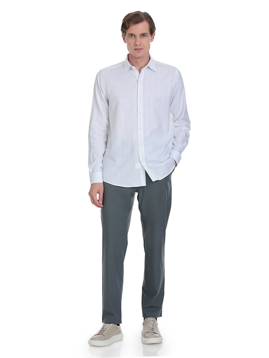 Gri Comfort Fit Çizgili Slim Yaka 100% Pamuk Uzun Kollu Spor Gömlek-1