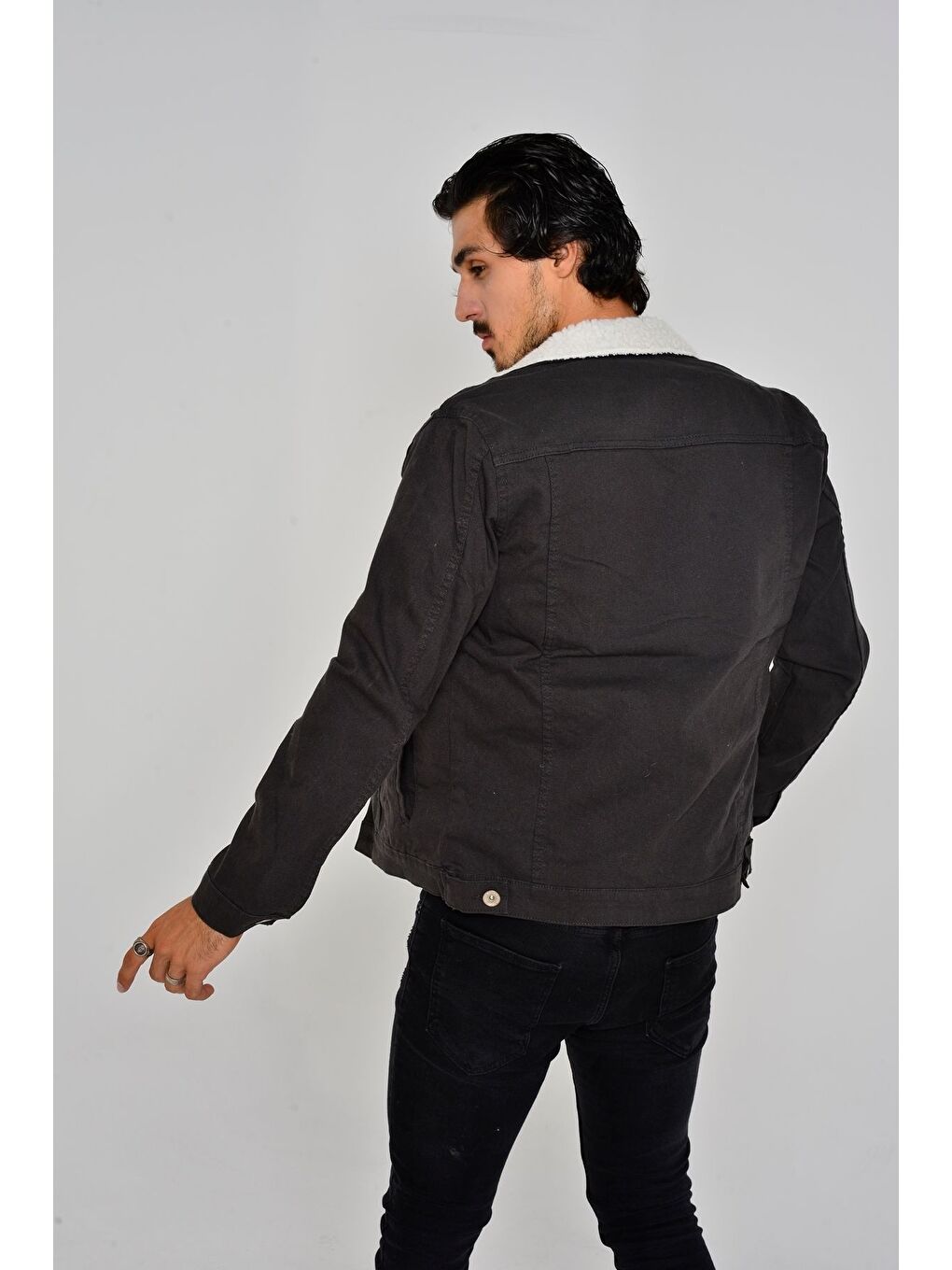 Gri Erkek Trend Kışlık Içi Kürklü Jean Ceket Antrasit-3