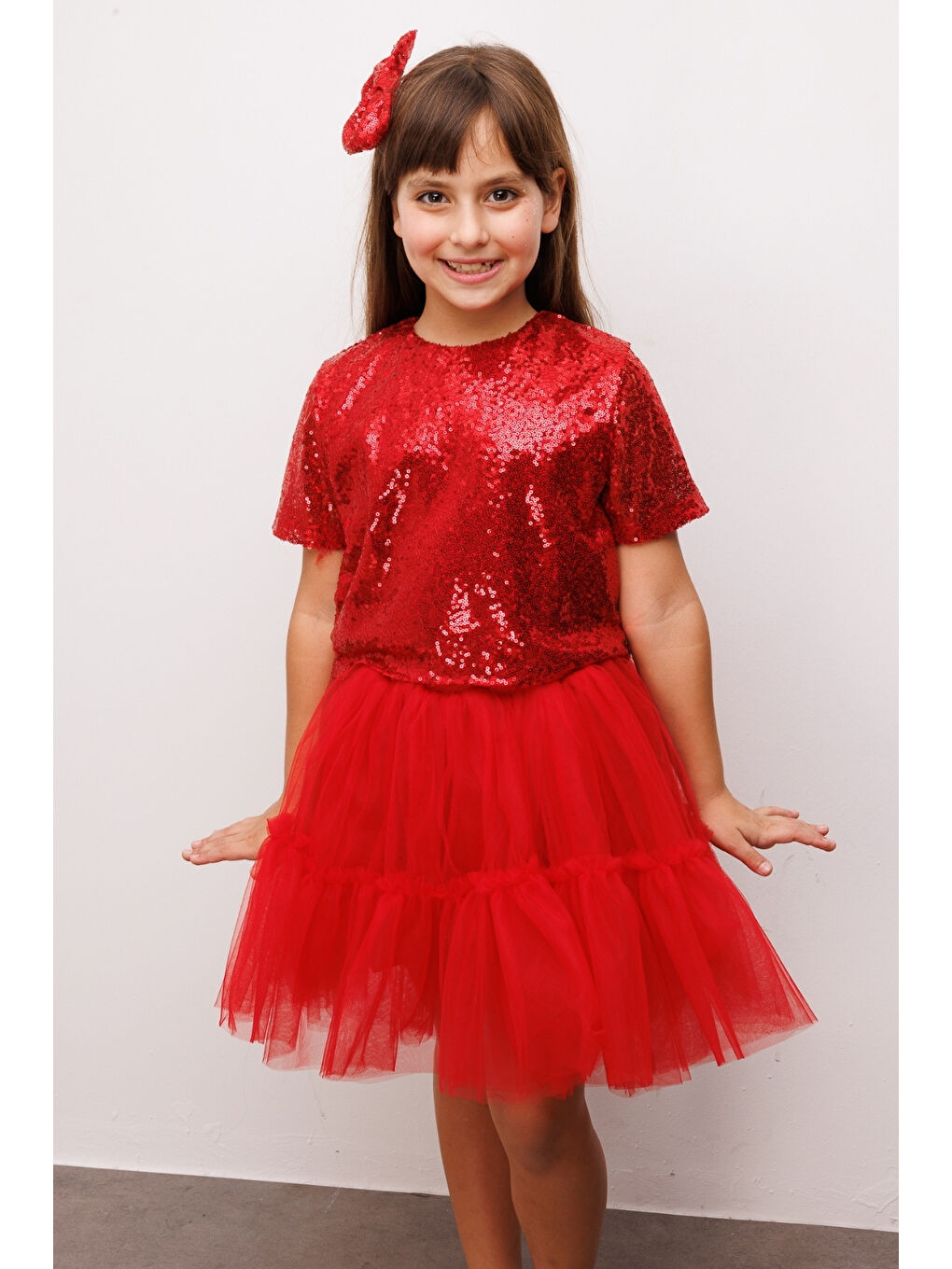 Kırmızı Üzeri Pul Detaylı Tül Etekli İkili Takım - Freya-3