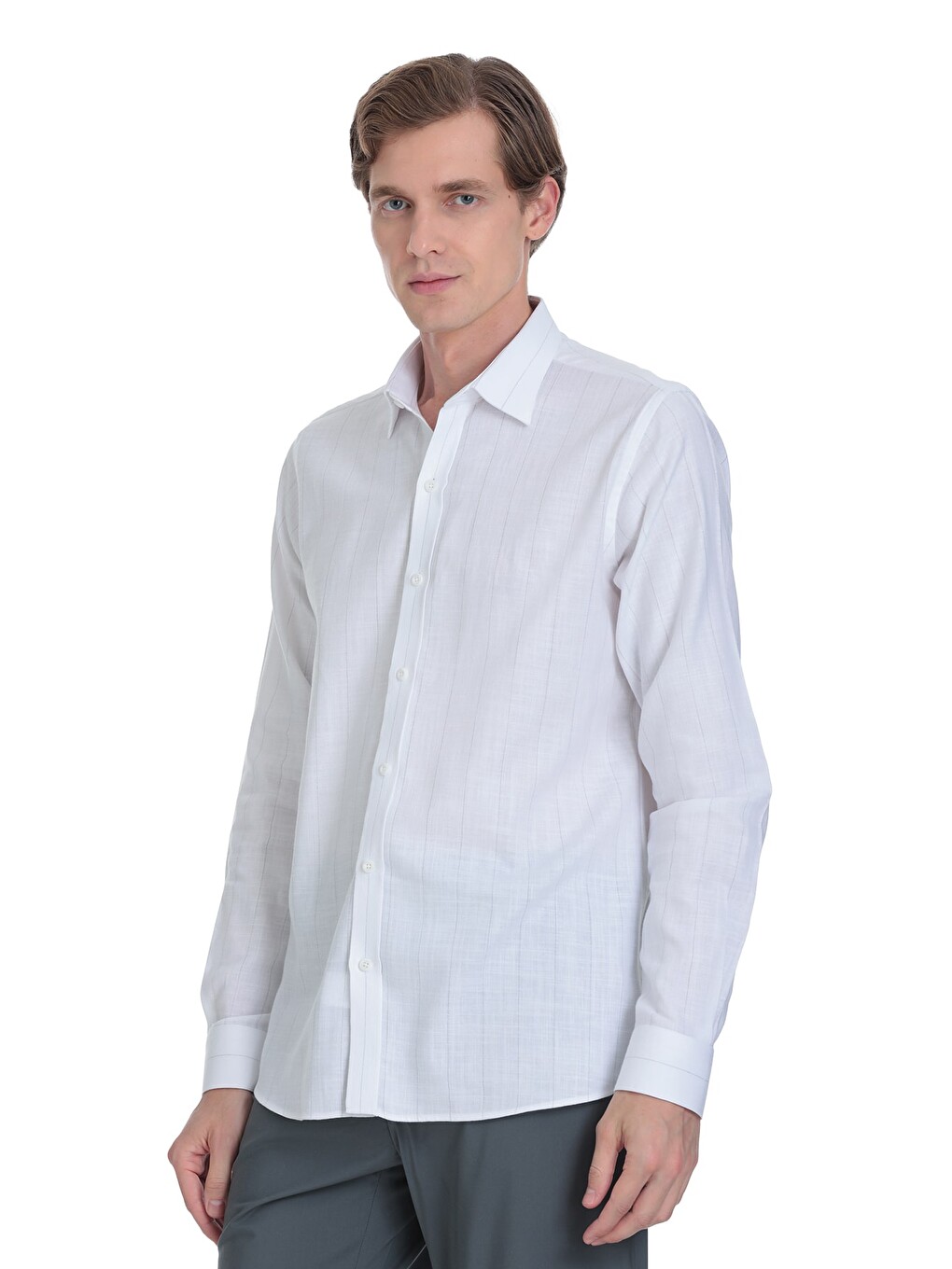 Gri Comfort Fit Çizgili Slim Yaka 100% Pamuk Uzun Kollu Spor Gömlek-2