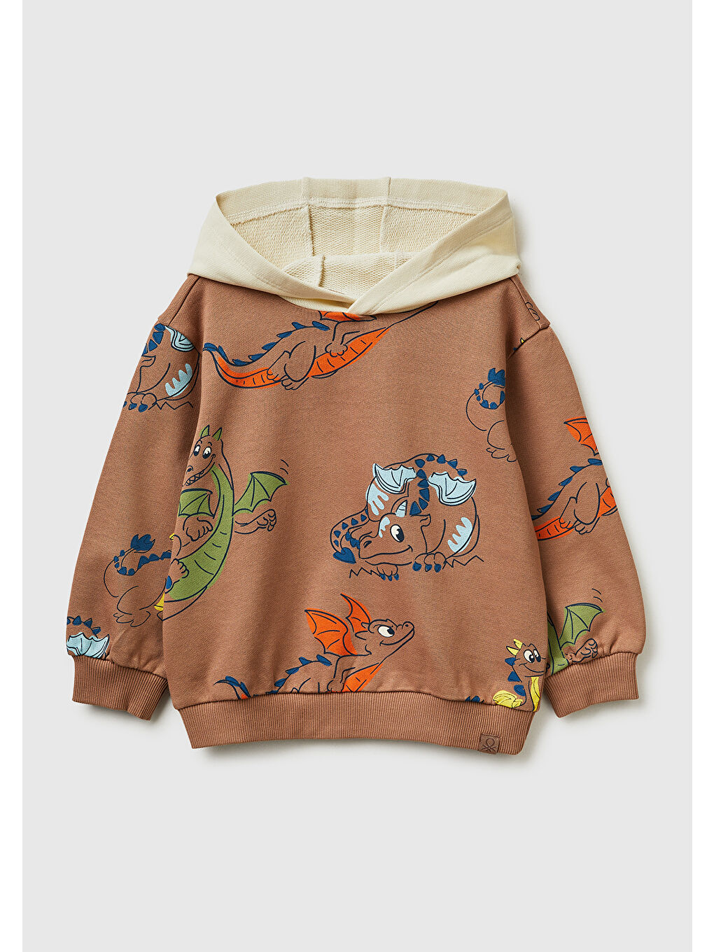 Erkek Çocuk Kahverengi Tamamı Desenli Logo Etiketli Bol Kalıp Kapüşonlu Sweatshirt