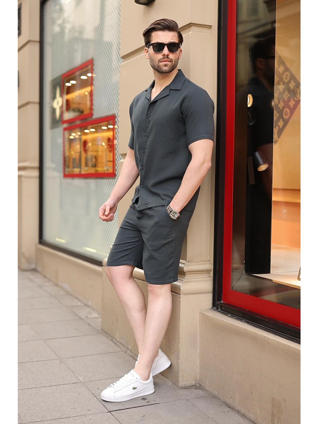 Gri Füme %100 Pamuklu Erkek Şort Gömlek Takım E7361-1