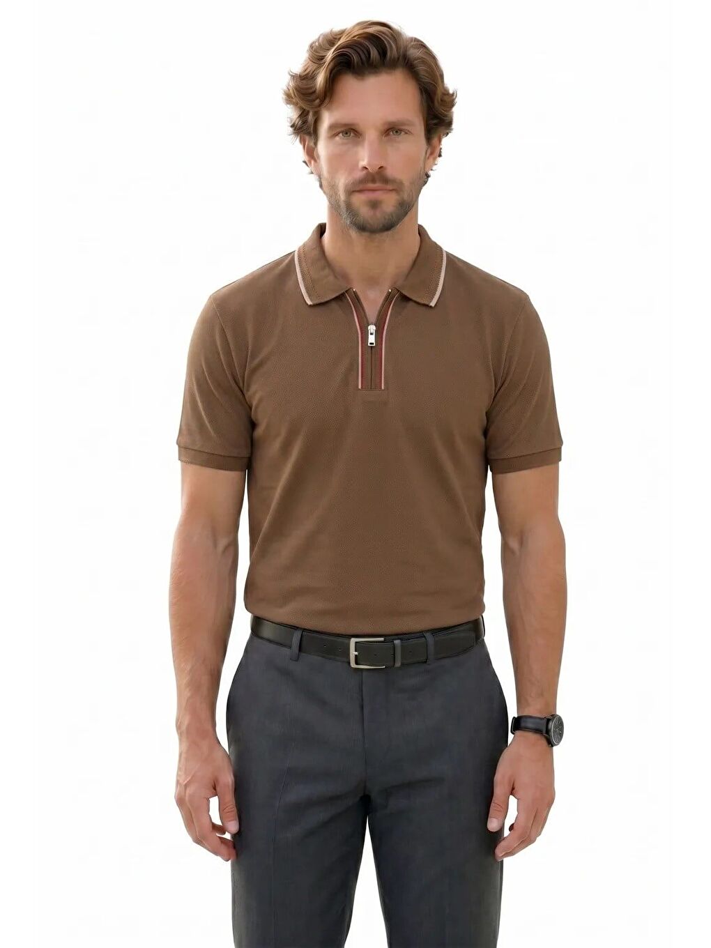 Karışık Erkek 3'Lü Paket Kahverengi-Lacivert-Yeşil Slim Fit %100 Pamuk Yarım Fermuarlı Polo Yaka Tişört-3