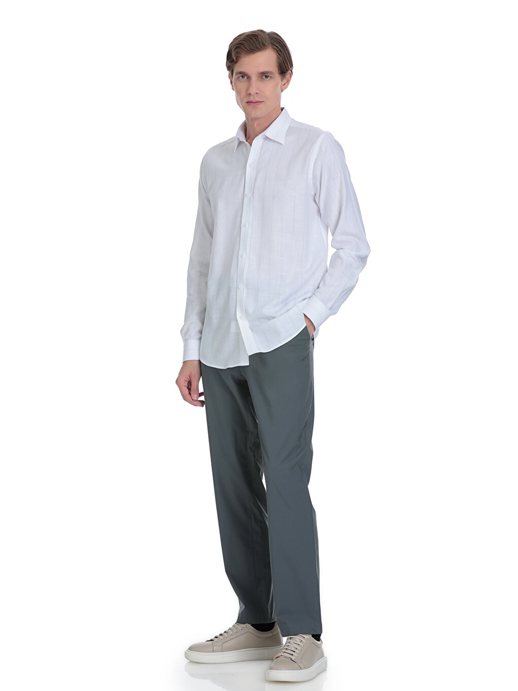 Gri Comfort Fit Çizgili Slim Yaka 100% Pamuk Uzun Kollu Spor Gömlek-3
