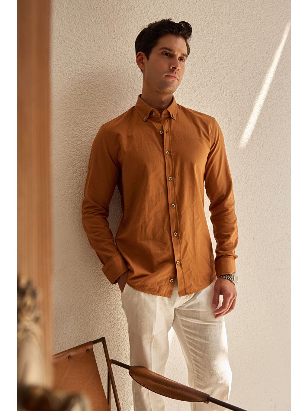 Kahverengi Turi Erkek Pamuk Gömlek Modern Slim Fit Keten Görünümlü Uzun Kol-5