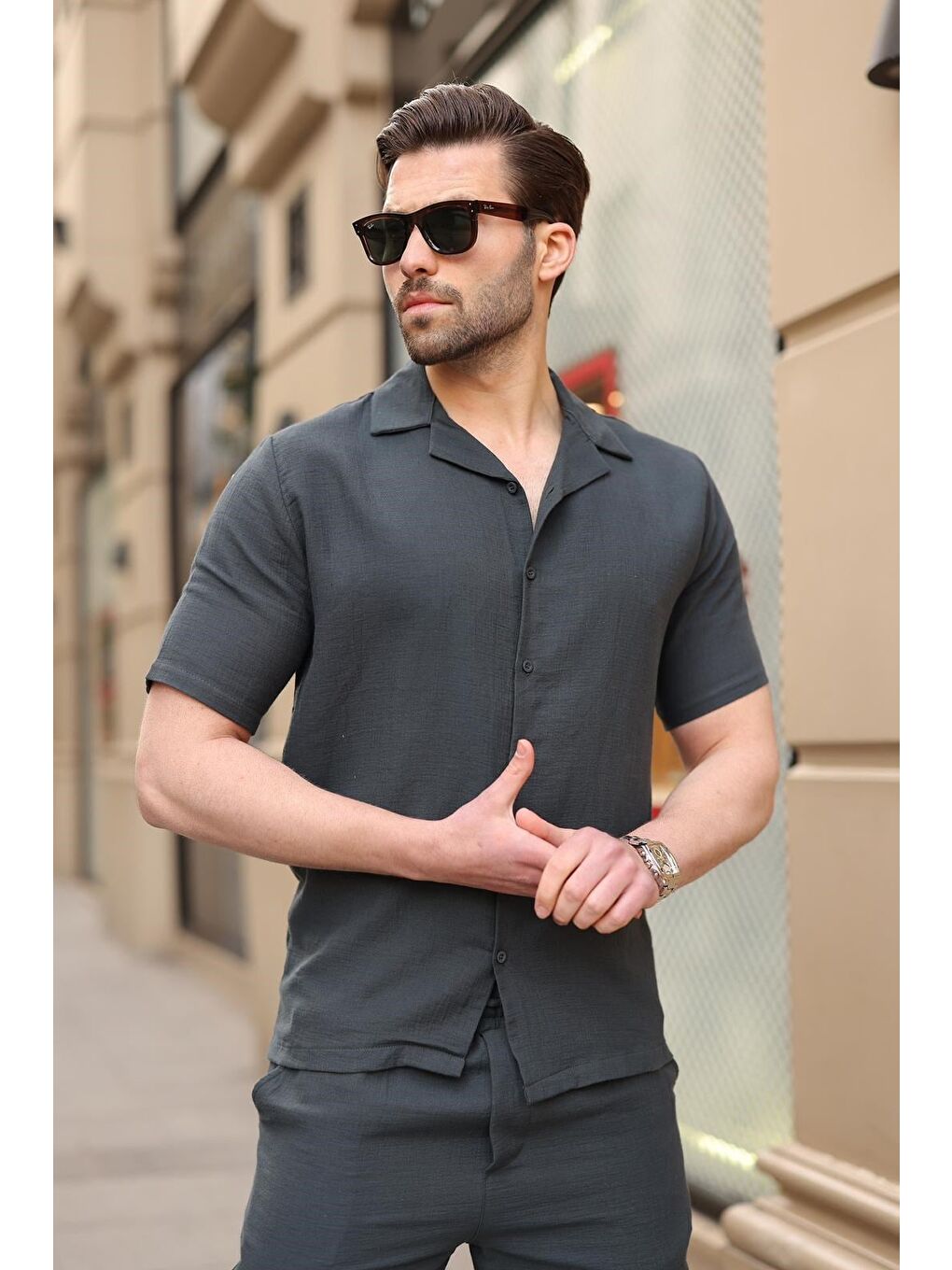 Gri Füme %100 Pamuklu Erkek Şort Gömlek Takım E7361-2