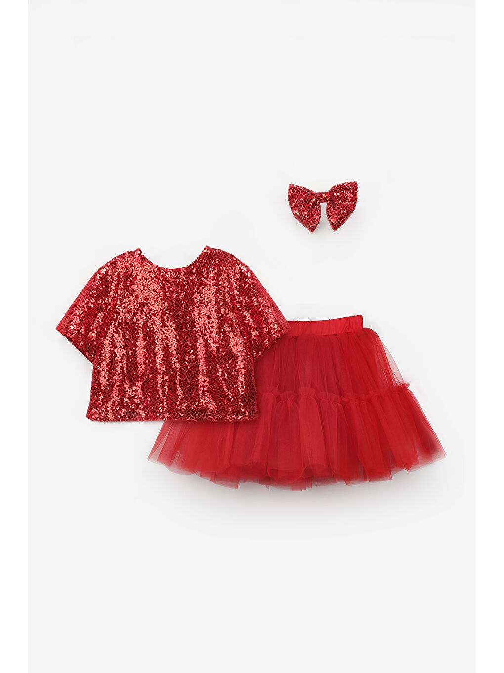 Kırmızı Üzeri Pul Detaylı Tül Etekli İkili Takım - Freya-4