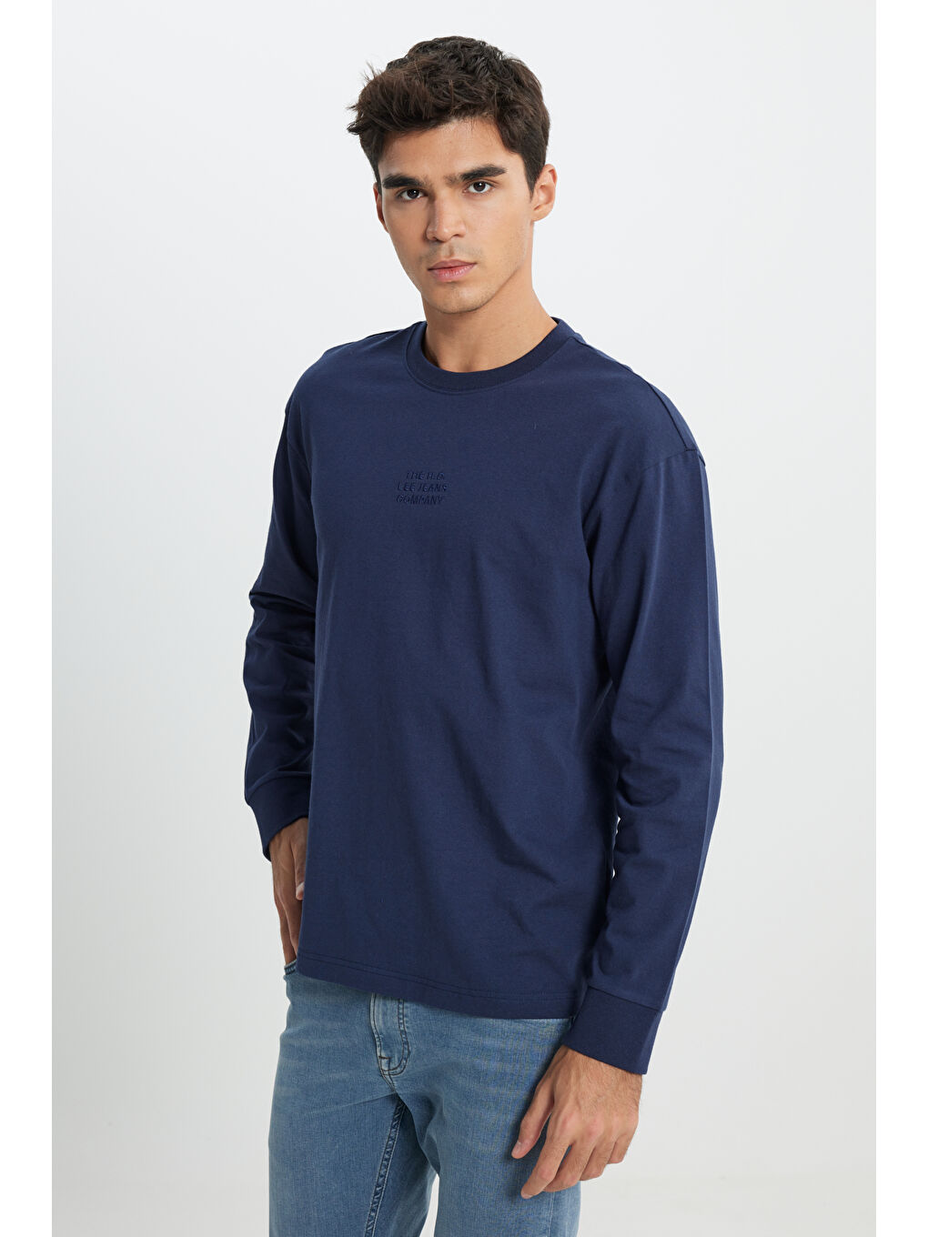 Loose Fit Rahat Kesim Bisiklet Yaka %100 Pamuk Lacivert Uzun Kollu Tişört-1