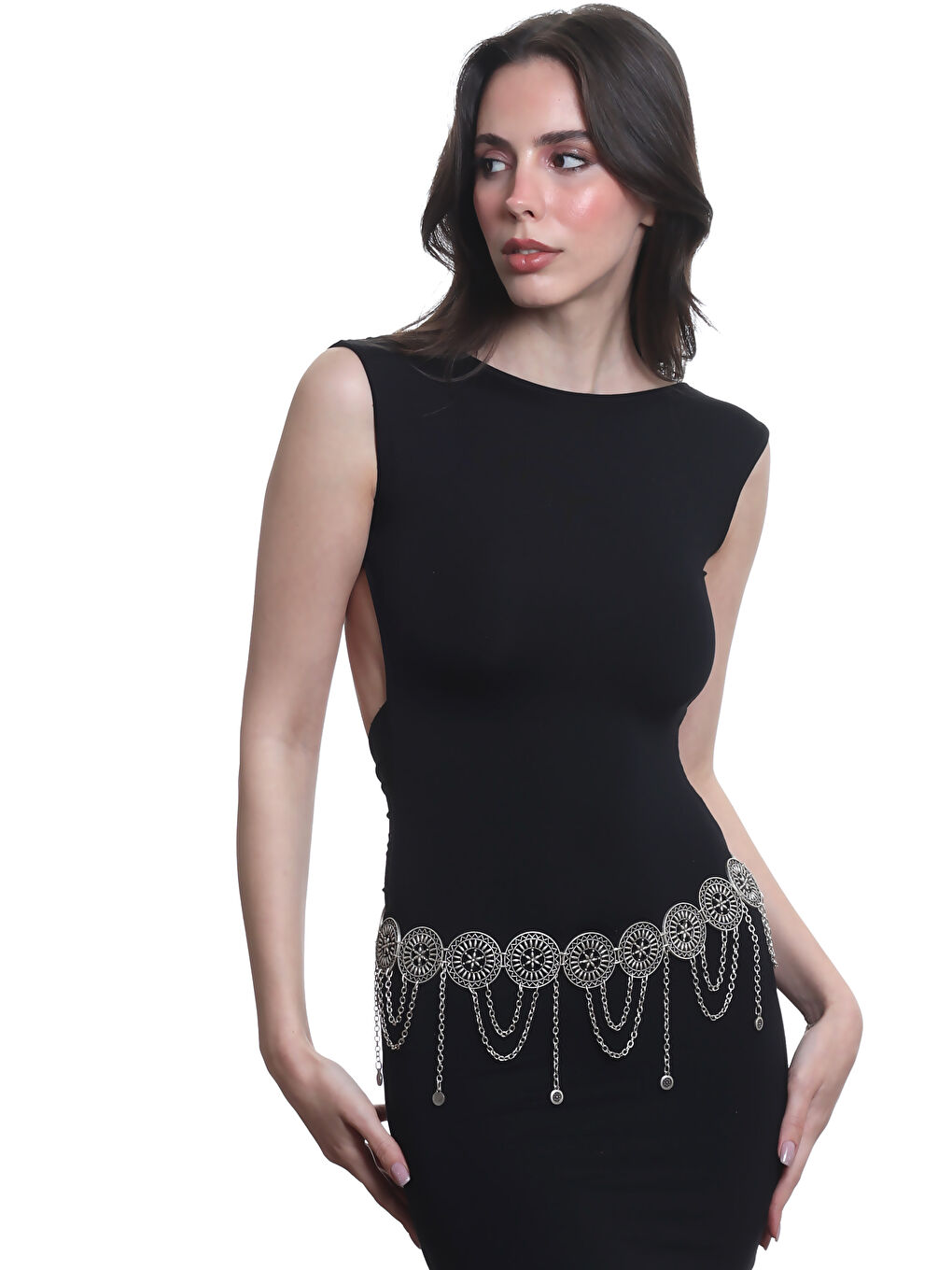 Gri Kadın Antik Gümüş Kaplama Telkari Çiçek Motifli Yuvarlak Parçalı Bel Kemeri, Bel Kolyesi-1