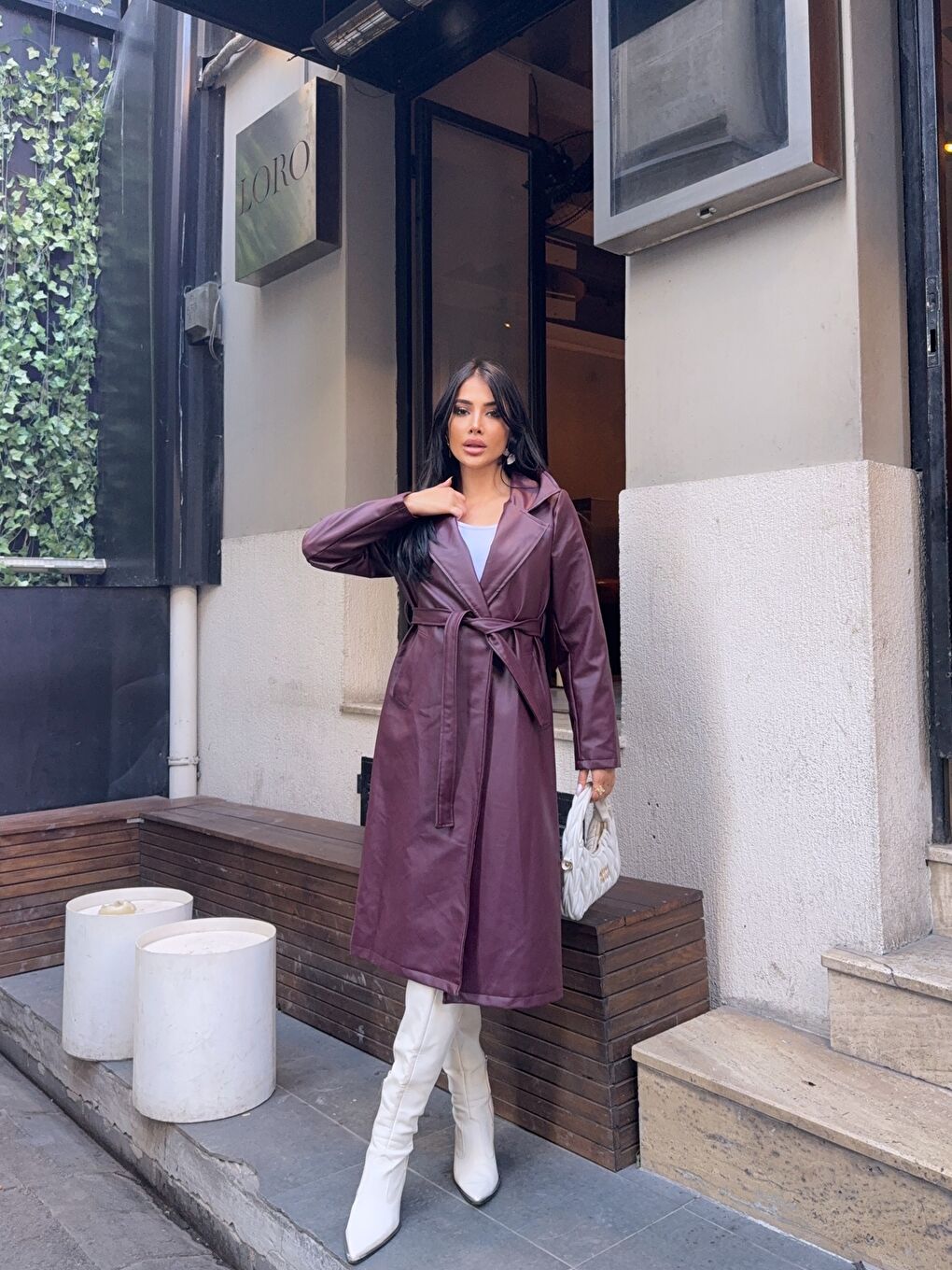 Kuşaklı Uzun Bordo Deri Pardösü-2