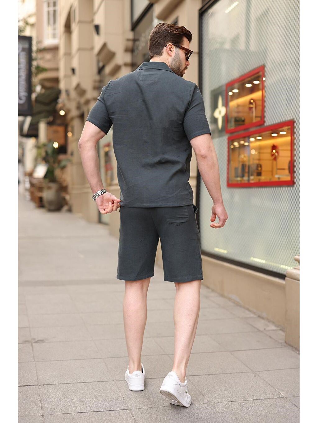 Gri Füme %100 Pamuklu Erkek Şort Gömlek Takım E7361-4