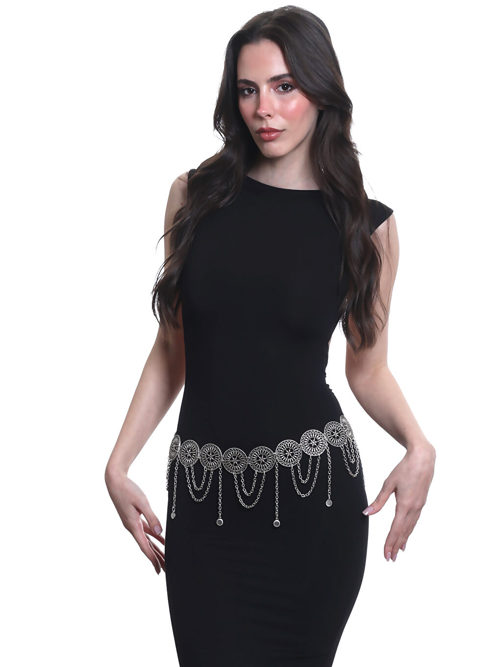 Gri Kadın Antik Gümüş Kaplama Telkari Çiçek Motifli Yuvarlak Parçalı Bel Kemeri, Bel Kolyesi-3