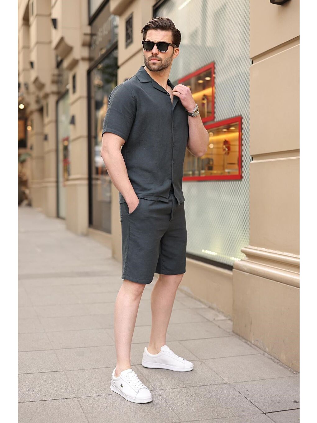 Gri Füme %100 Pamuklu Erkek Şort Gömlek Takım E7361-5