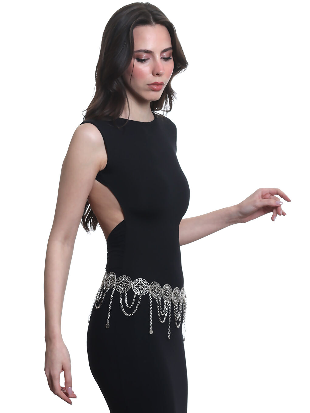 Gri Kadın Antik Gümüş Kaplama Telkari Çiçek Motifli Yuvarlak Parçalı Bel Kemeri, Bel Kolyesi-4