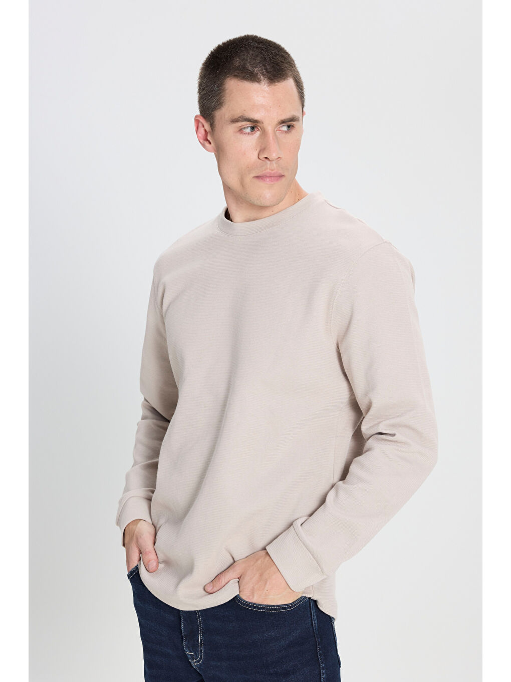 Regular Fit Normal Kesim Bisiklet Yaka Bej Tişört