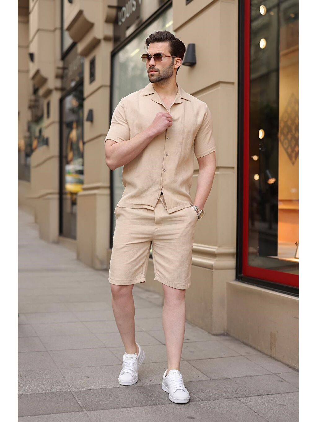 Bej %100 Pamuklu Erkek Şort Gömlek Takım E7361-1