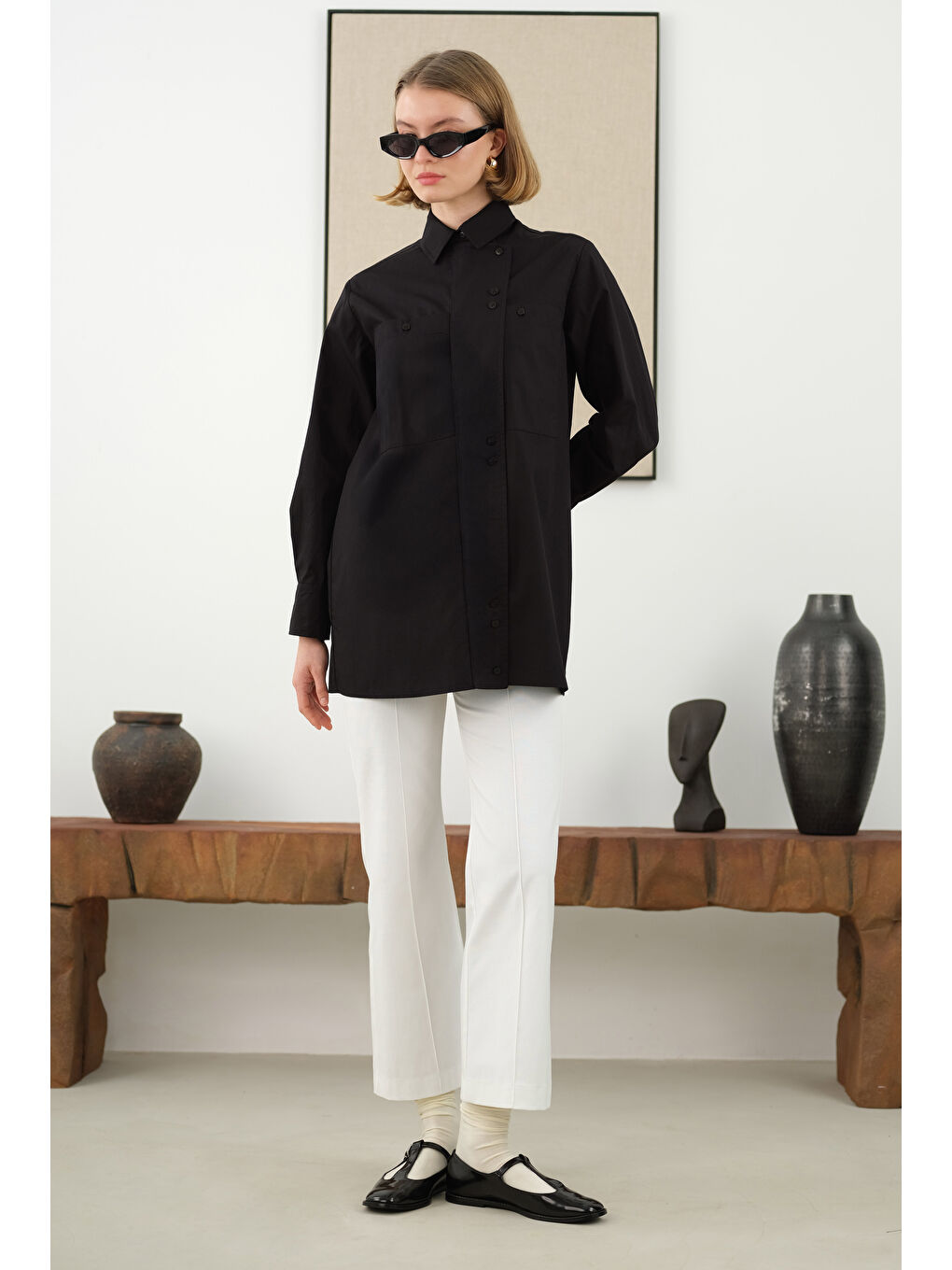 Asimetrik Patlı Gömlek Siyah-1