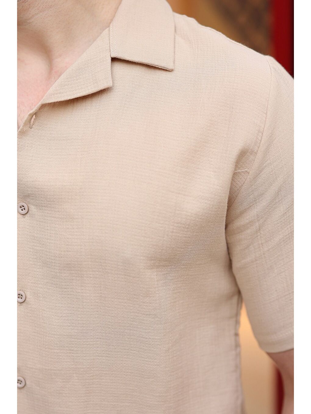 Bej %100 Pamuklu Erkek Şort Gömlek Takım E7361-2