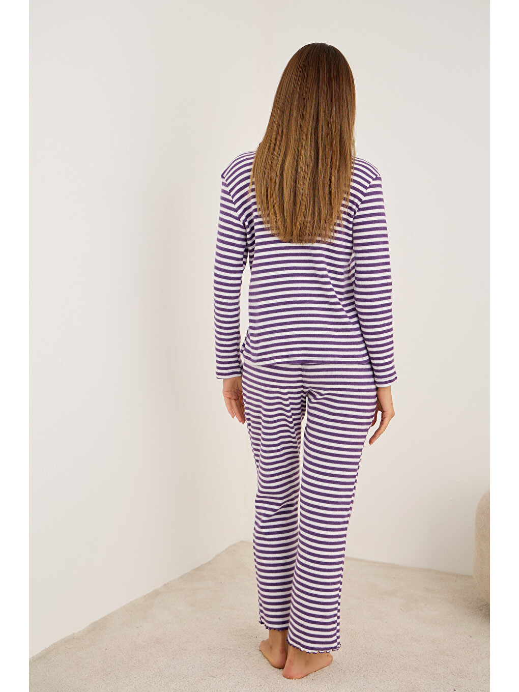 Mor Beyaz Fırçalı Soft Fitilli Kaşkorse Hırka Pijama Takım-1
