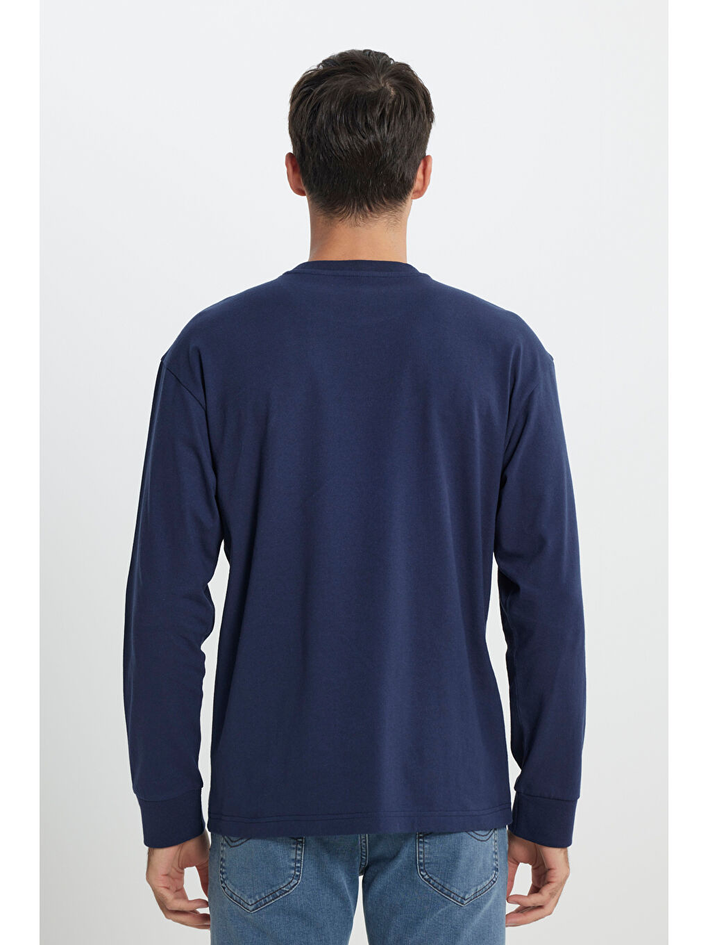Loose Fit Rahat Kesim Bisiklet Yaka %100 Pamuk Lacivert Uzun Kollu Tişört-4
