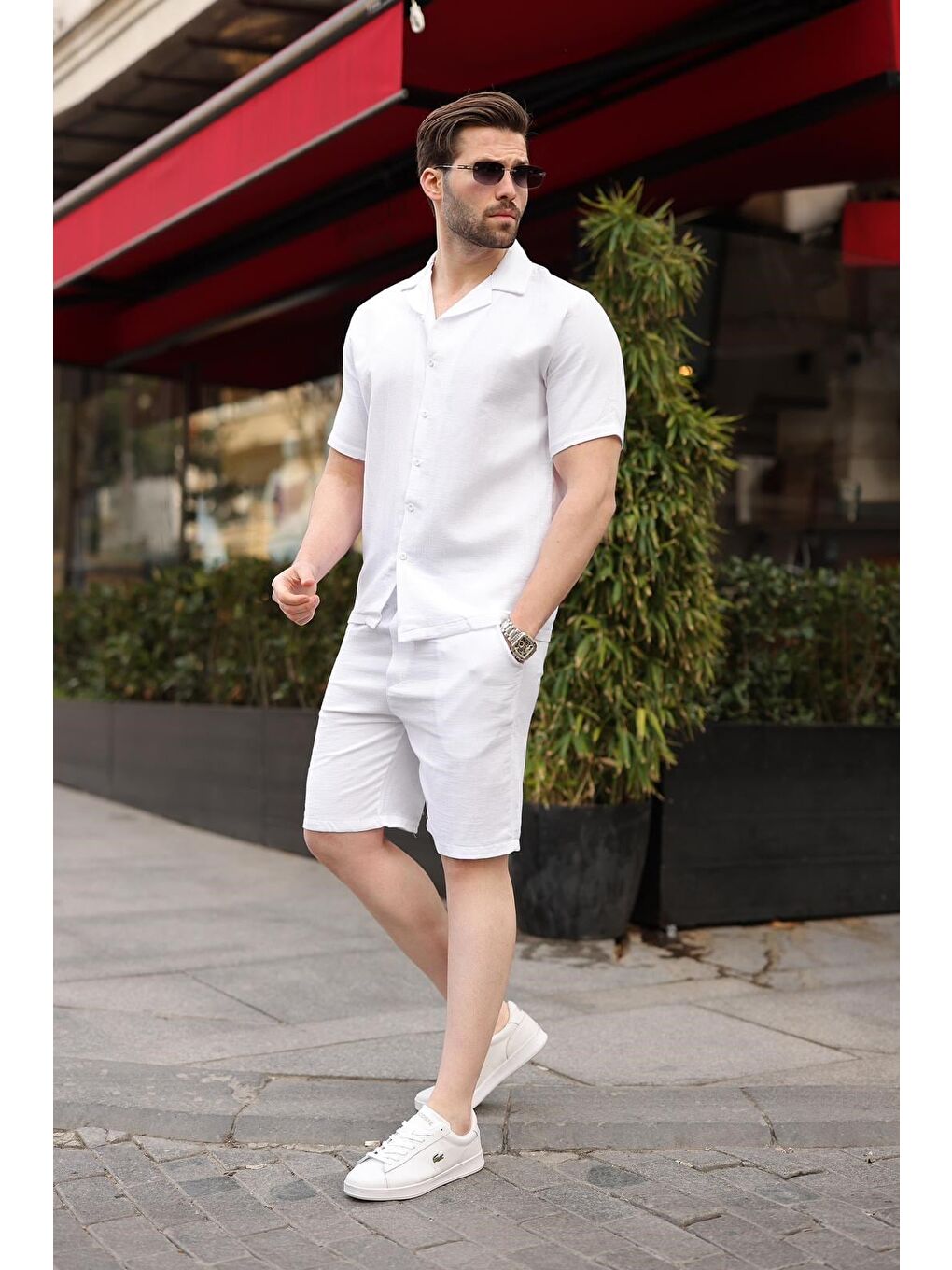 Beyaz %100 Pamuklu Erkek Şort Gömlek Takım E7361