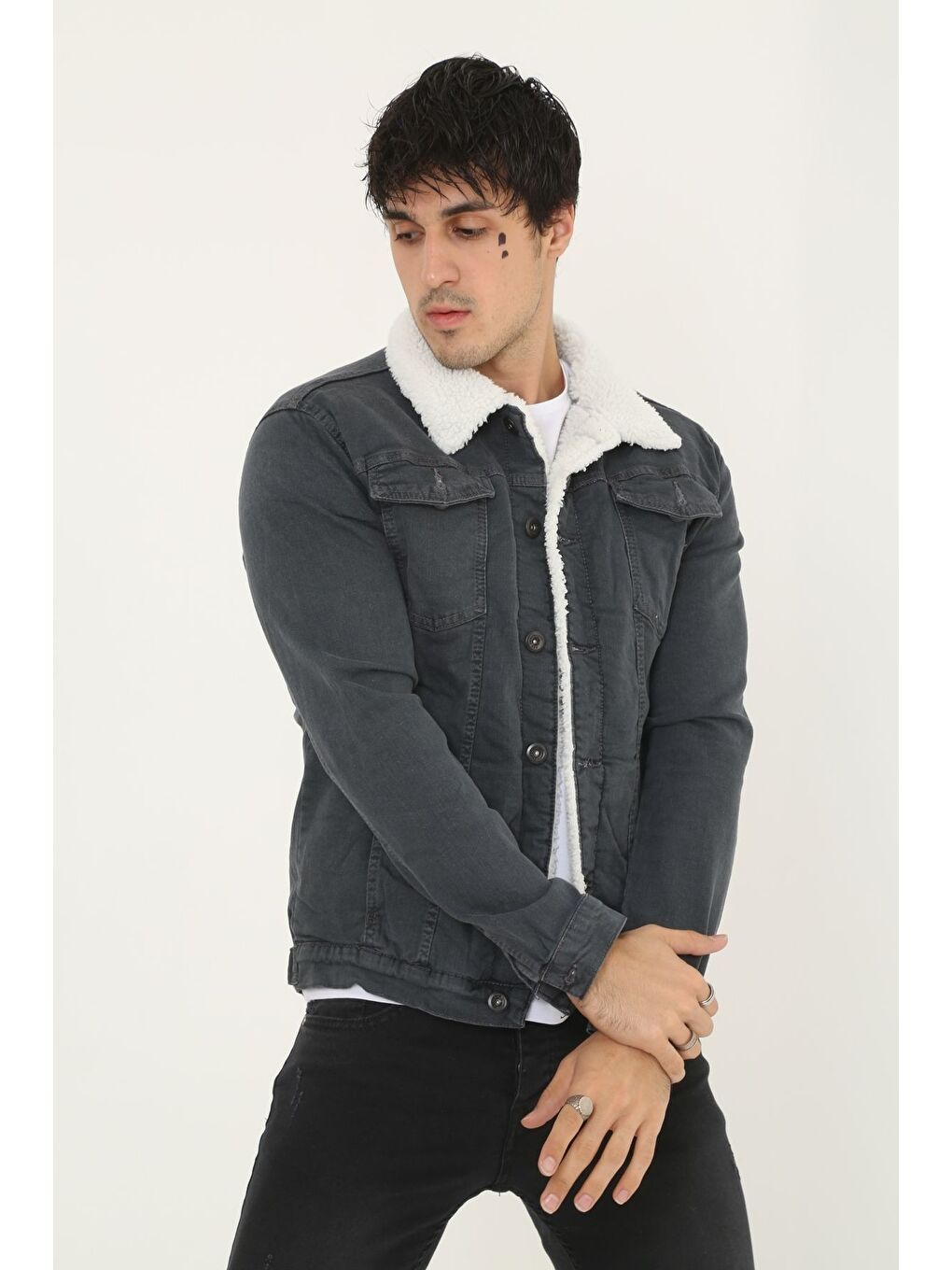 Gri Erkek Trend Kışlık Içi Kürklü Jean Ceket Füme