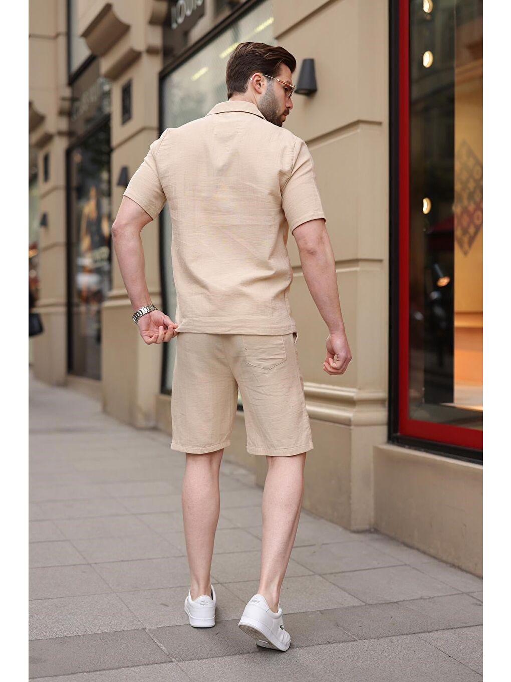 Bej %100 Pamuklu Erkek Şort Gömlek Takım E7361-3