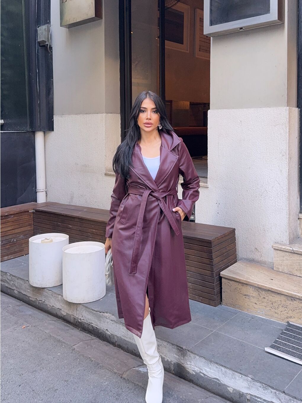 Kuşaklı Uzun Bordo Deri Pardösü-3