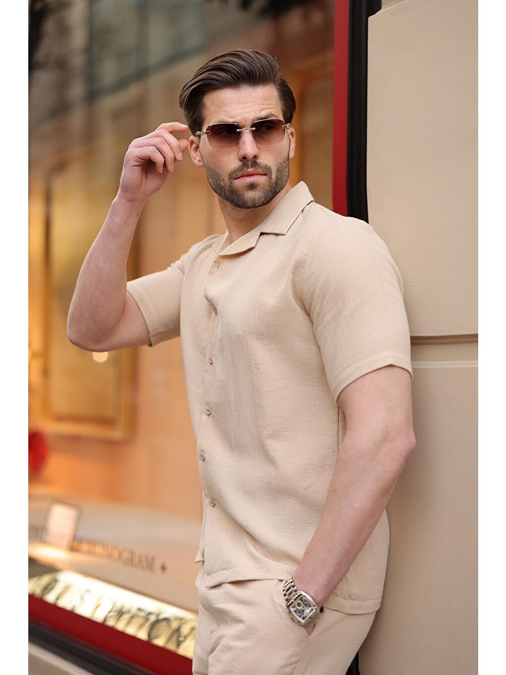 Bej %100 Pamuklu Erkek Şort Gömlek Takım E7361-4