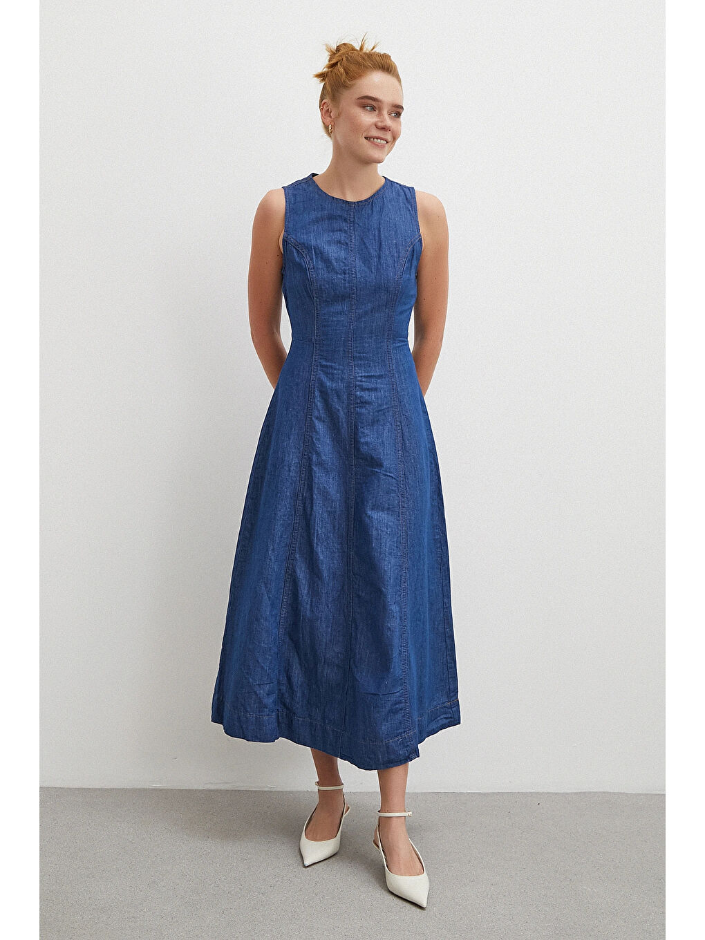 Bisiklet Yaka Kolsuz Premium Uzun Jean Elbise Lacivert-1