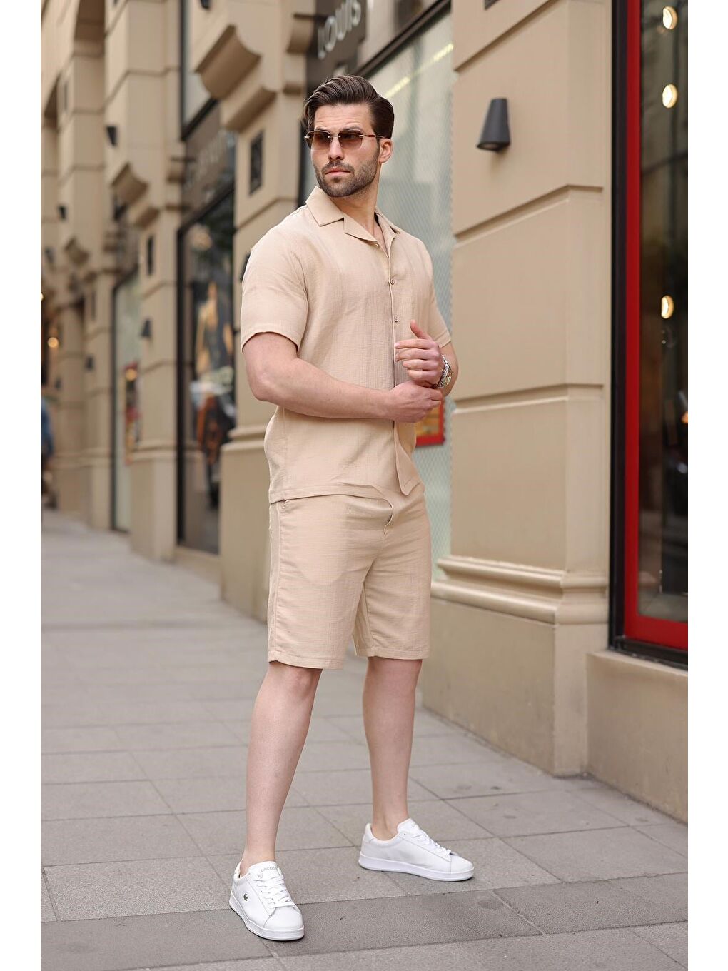 Bej %100 Pamuklu Erkek Şort Gömlek Takım E7361-5