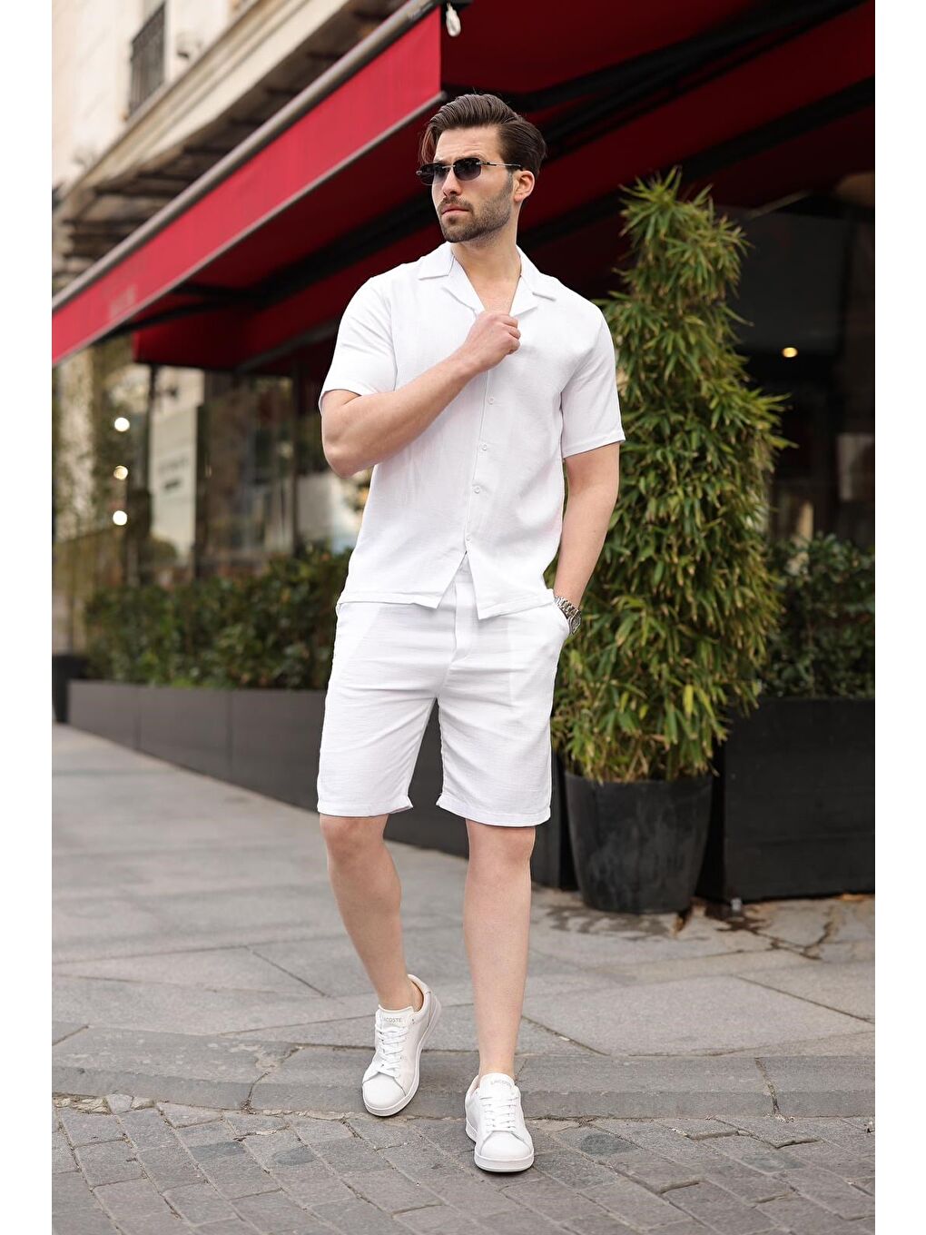 Beyaz %100 Pamuklu Erkek Şort Gömlek Takım E7361-1